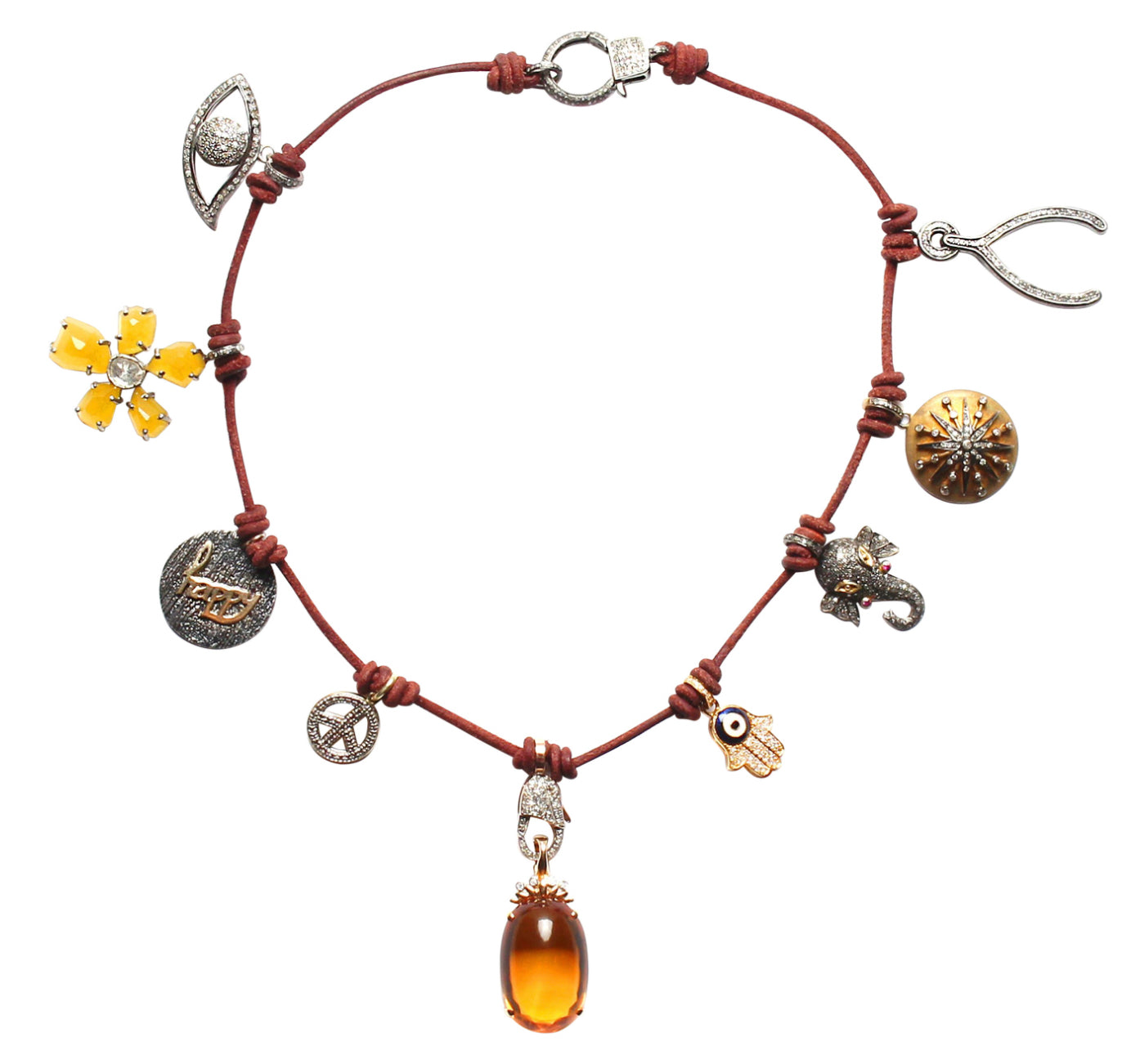 Signature Multi Charm Leather Necklace Citrine Pendant – Clarissa