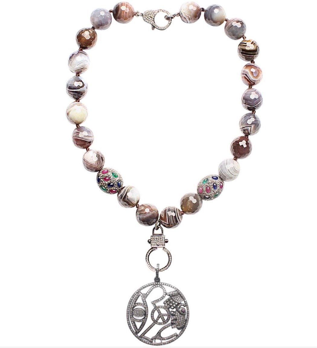 Botswana Agate Sapphire Emerald Ruby Diamond Symbol Pendant Necklace