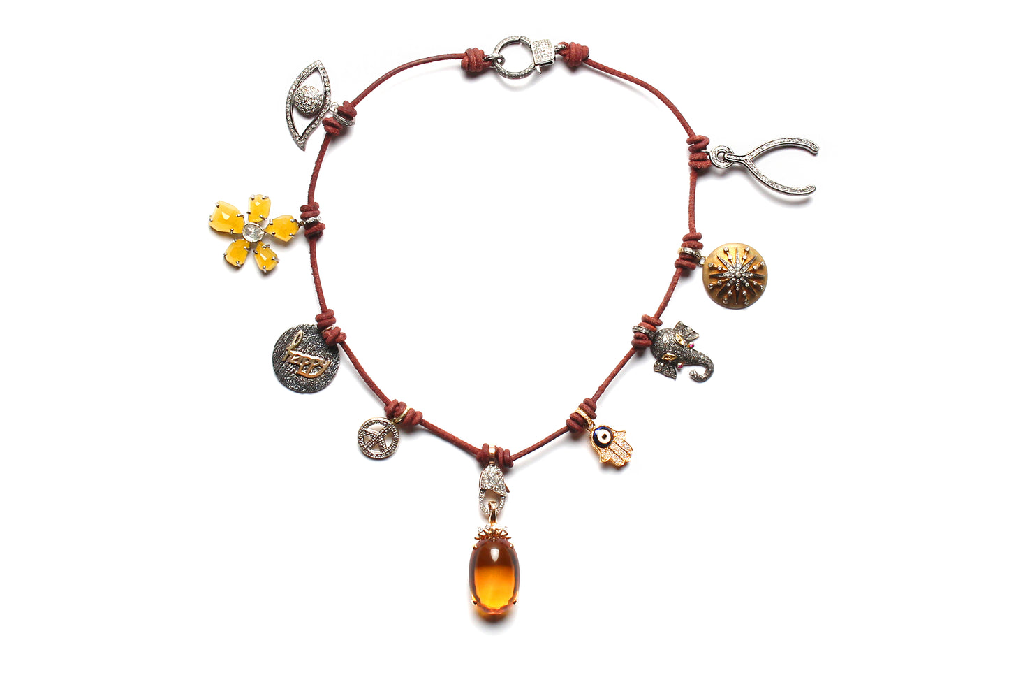 Signature Multi Charm Leather Necklace Citrine Pendant