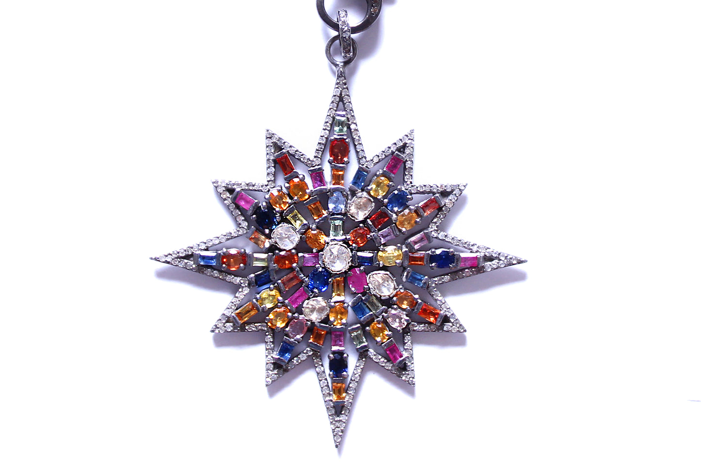 Green Agate Emerald, Sapphire, Peridot, Diamond Starburst Pendant Rosary