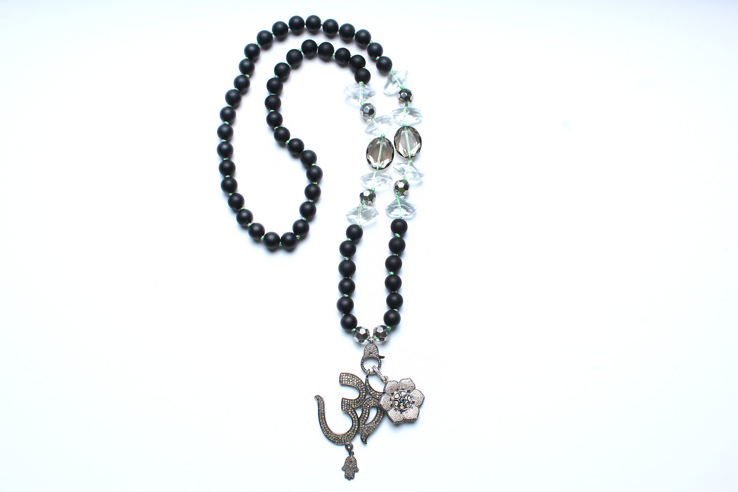 Onyx, Crystal, Sapphire, Diamond Ohm Beaded Necklace