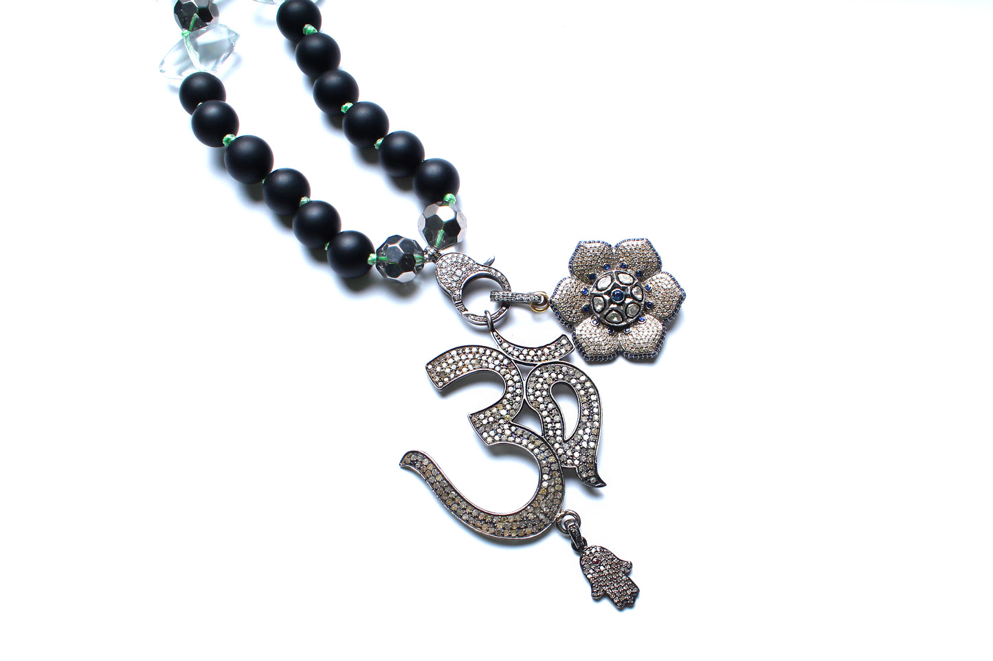 Onyx, Crystal, Sapphire, Diamond Ohm Beaded Necklace