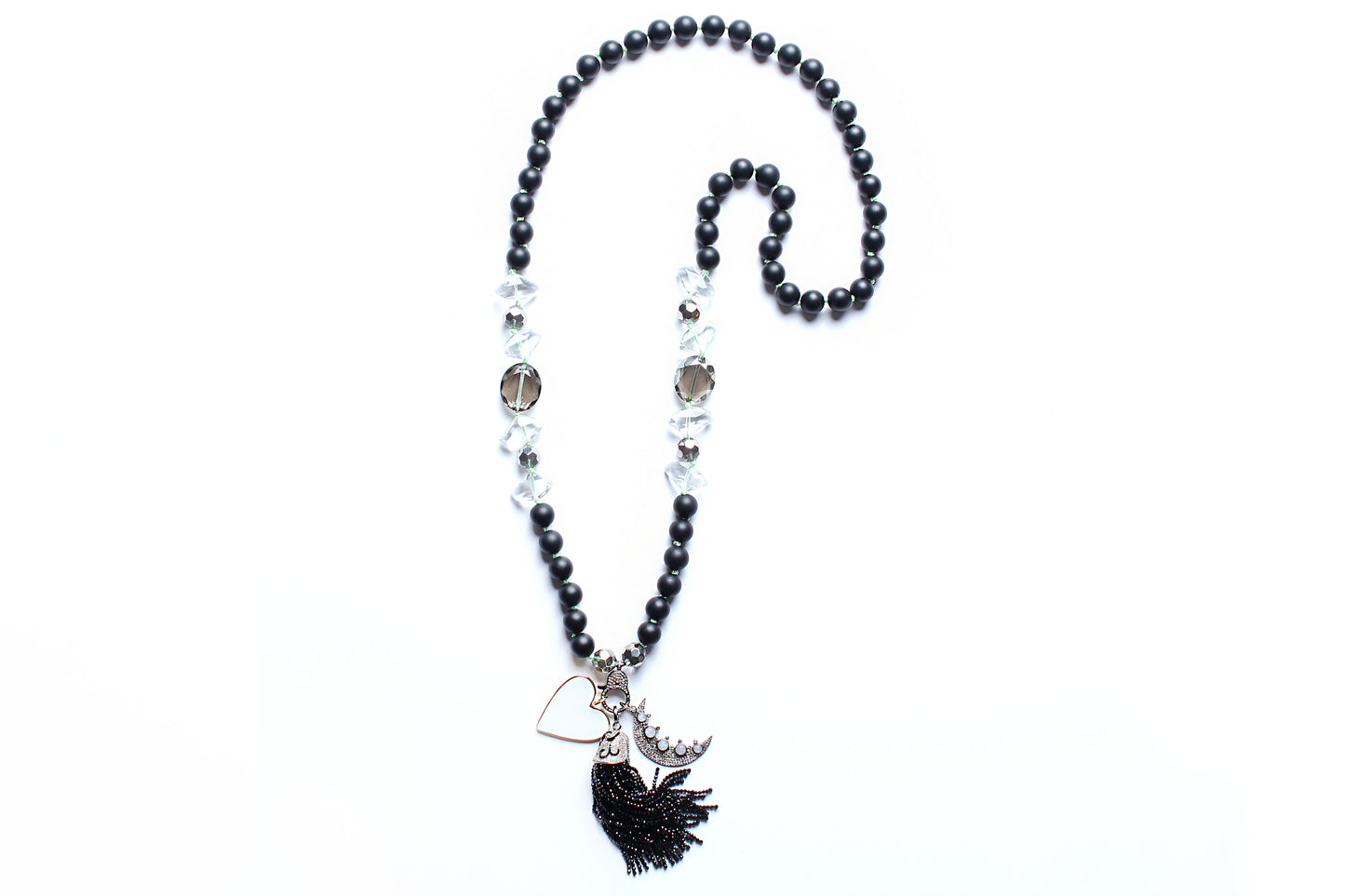 Onyx Crystal Green Thread Crescent Diamond Moonstone Onyx Diamond Tassel Enamel Heart Necklace