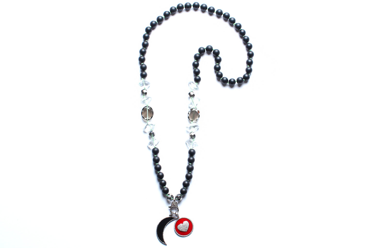 Onyx Crystal Diamond Enamel Heart Moon Pendant Beaded Necklace