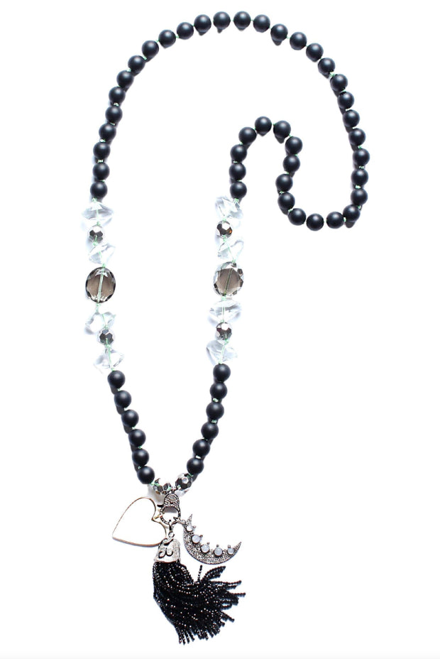 Onyx Crystal Green Thread Crescent Diamond Moonstone Onyx Diamond Tassel Enamel Heart Necklace
