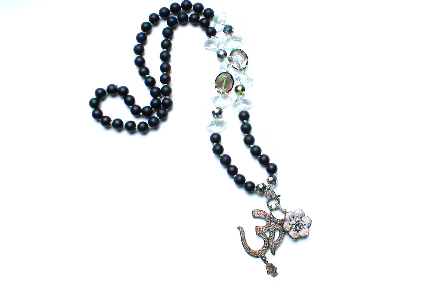 Onyx, Crystal, Sapphire, Diamond Ohm Beaded Necklace