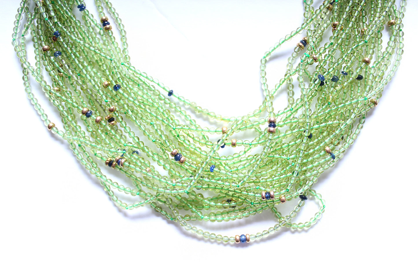 Multi Strand Peridot Lapis 14k Gold Sapphire Beaded Necklace