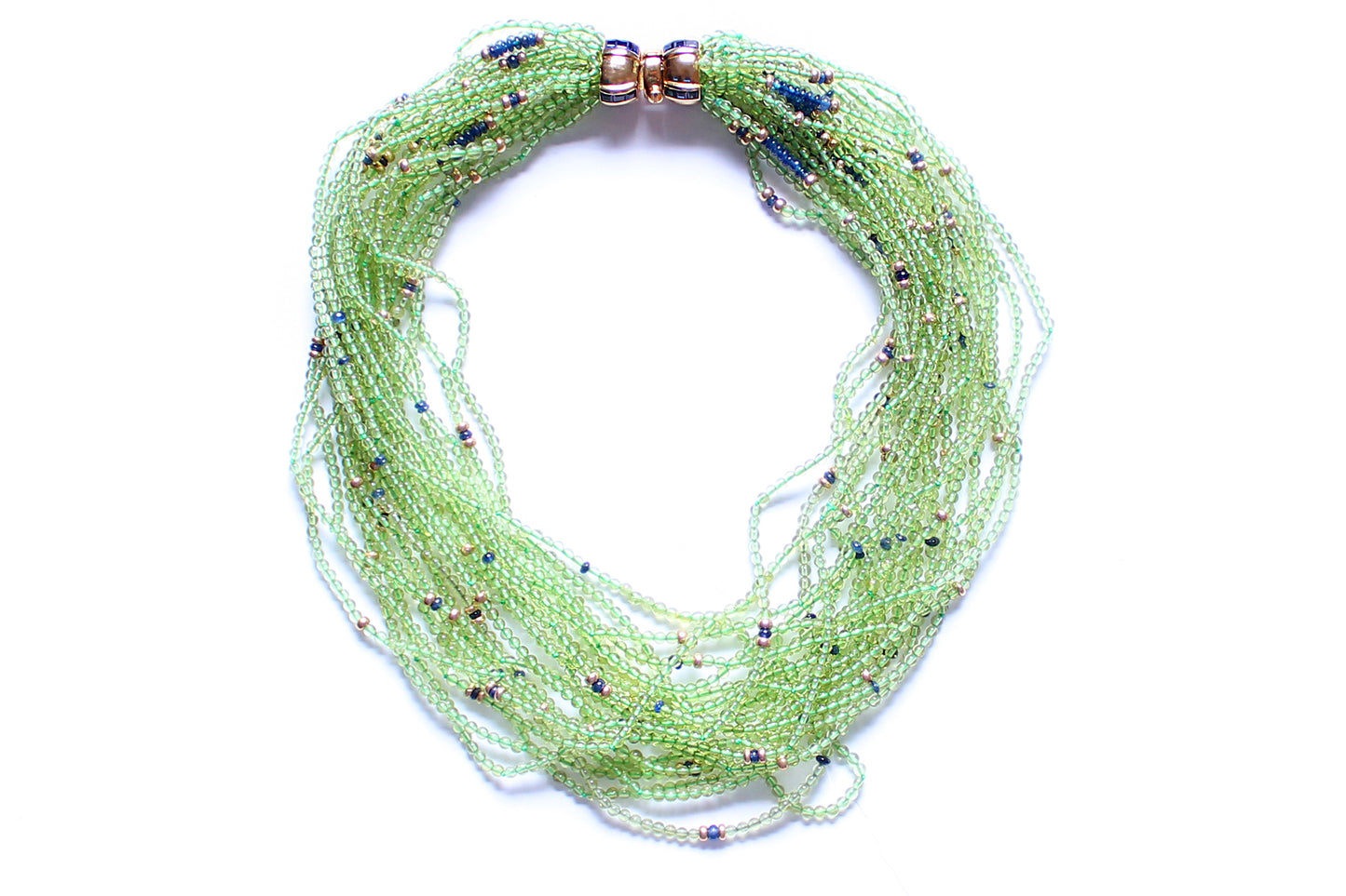 Multi Strand Peridot Lapis 14k Gold Sapphire Beaded Necklace