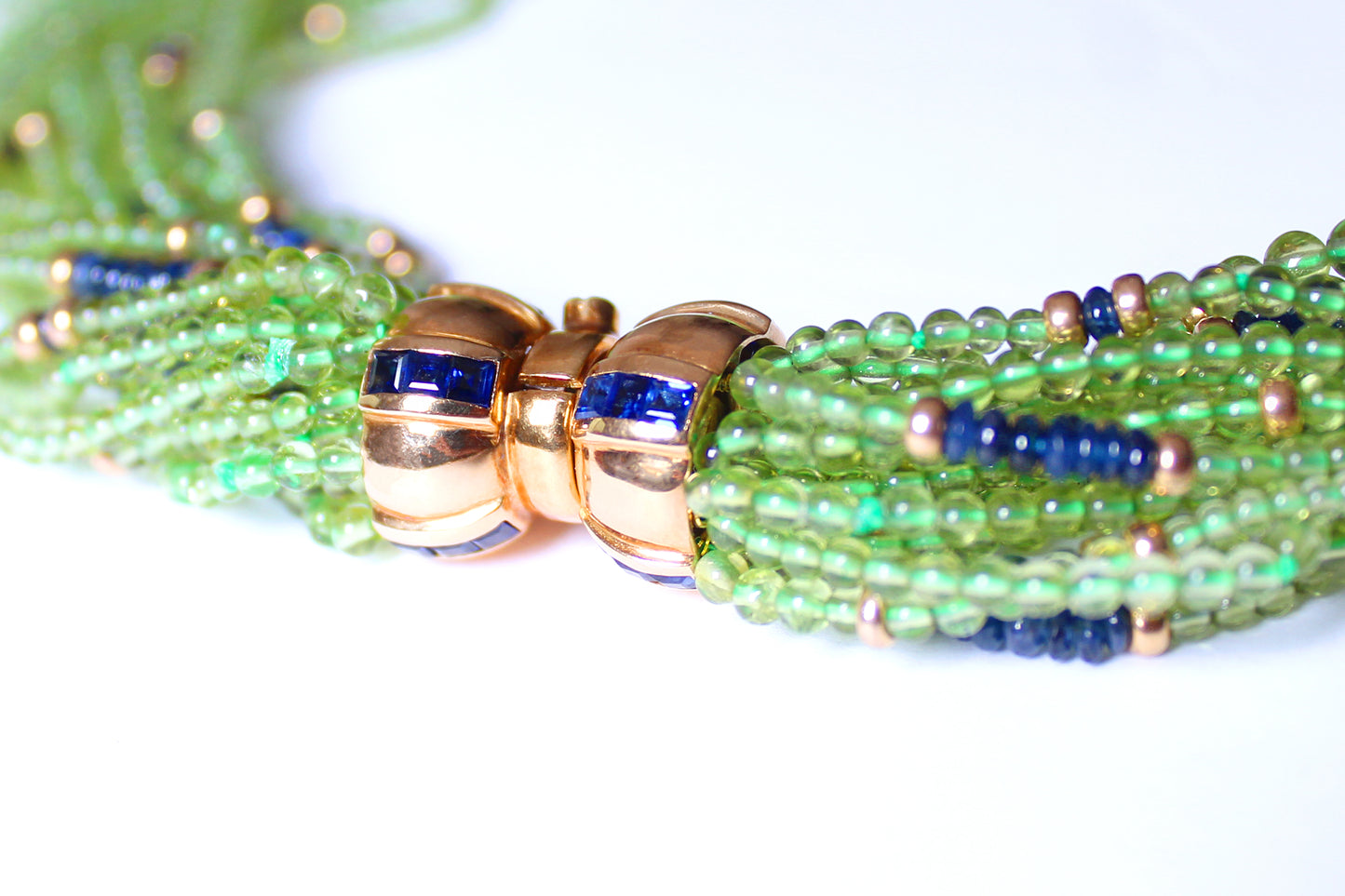 Multi Strand Peridot Lapis 14k Gold Sapphire Beaded Necklace
