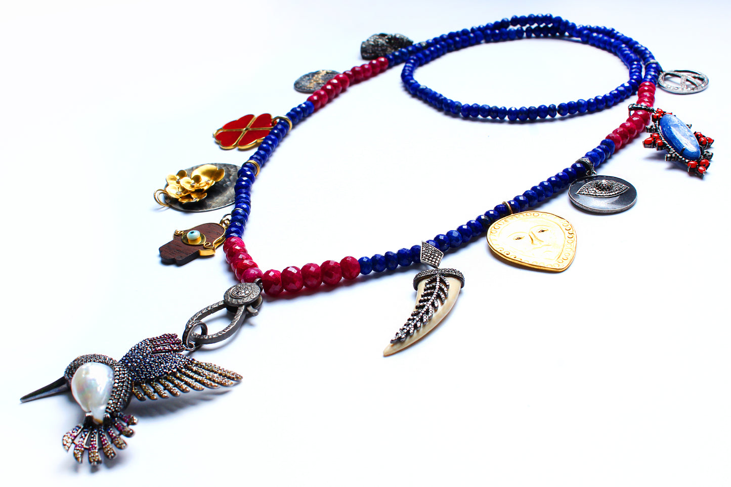 Signature Lapis and Ruby 'Birthday' Necklace with Ebony Evil Eye Pendant
