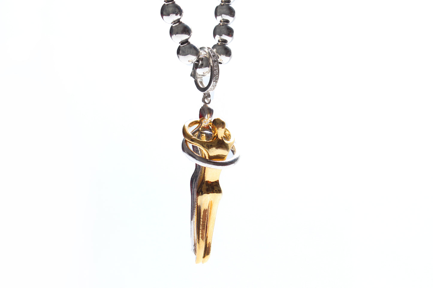 Signature 14k Gold Silver Diamond "Embrace" Pendant Silver Otto Lock On Silver Beaded Chain