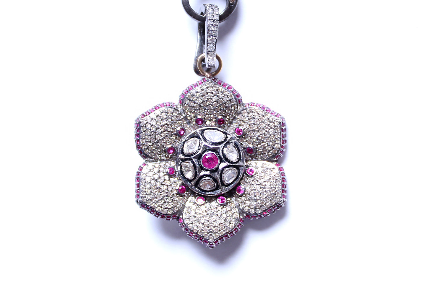 Pink Agate Rose Cut Diamond Ruby Flower Pendant Beaded Necklace