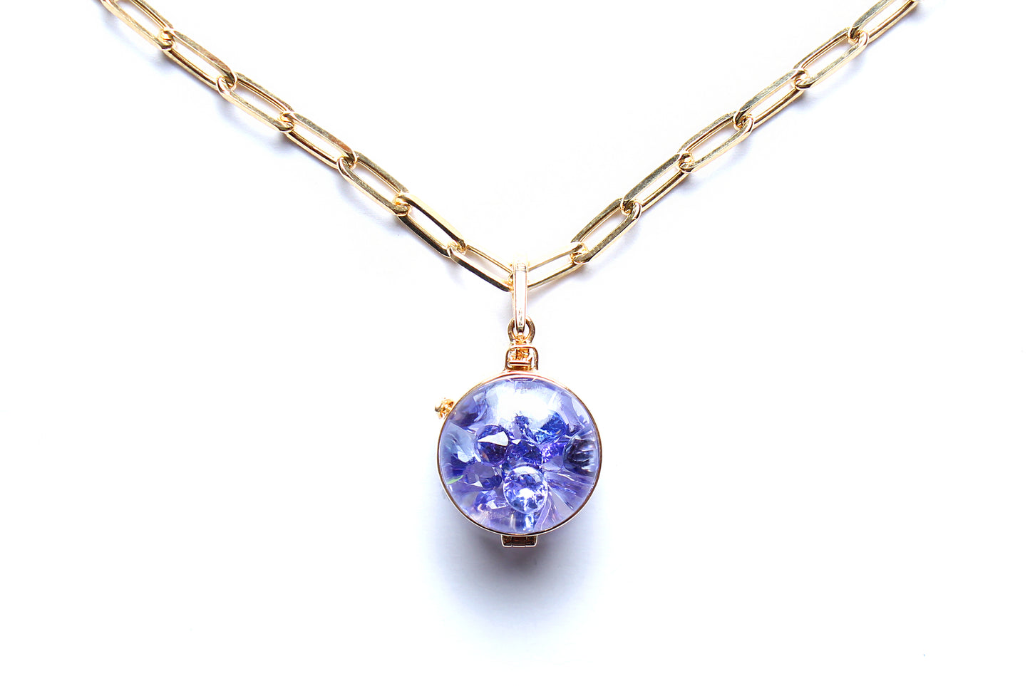 Stackable Tanzanite Shaker Pendant 14k Gold PaperclipLink Chain Necklace