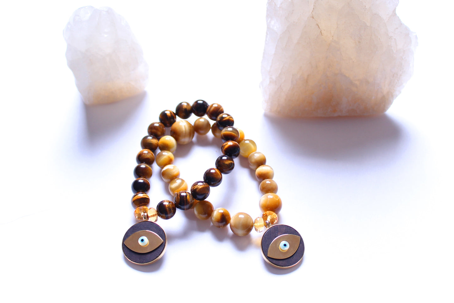 Light Tiger Eye Citrine Beads 14kgold Wood Evil Eye Beaded Bracelet