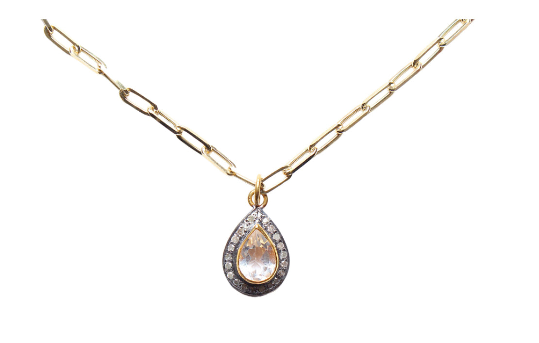 Stackable Diamond Topaz 14k Gold Paper Clip Link Chain Necklace