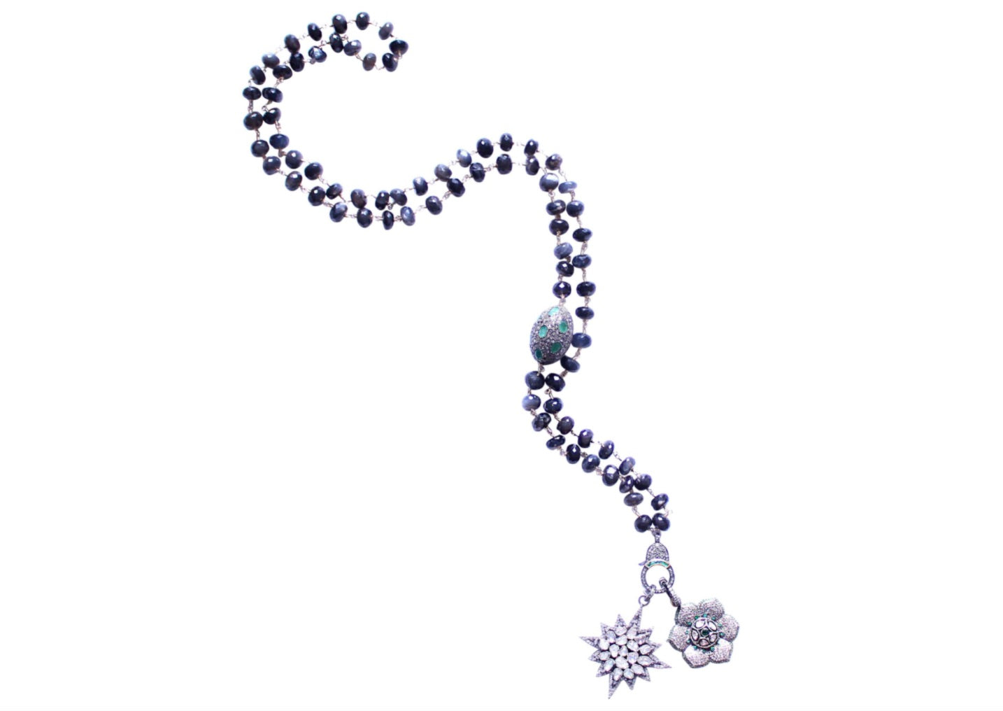 Tourmaline Emerald Gold Rosary Necklace Rose Cut Diamond Starburst & Emerald Diamond FlowerPendant