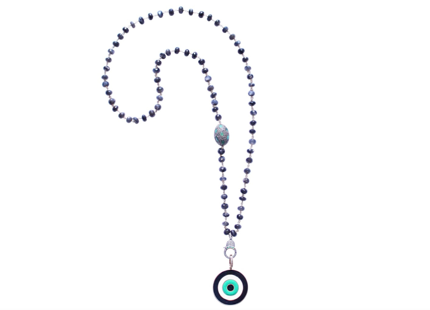 Tourmaline Emerald Gold Rosary & Ebony 14k Gold Enamel Green Turkish Evil Eye Pendant Necklace