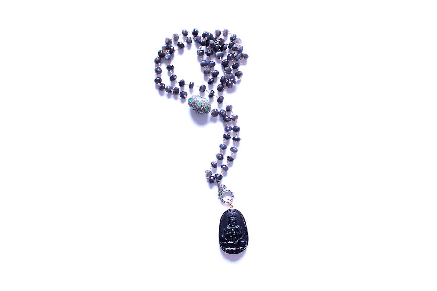 Tourmaline Emerald Diamond Rosary & 14k Gold Volcanic Indonesian Rock Buddha Pendant