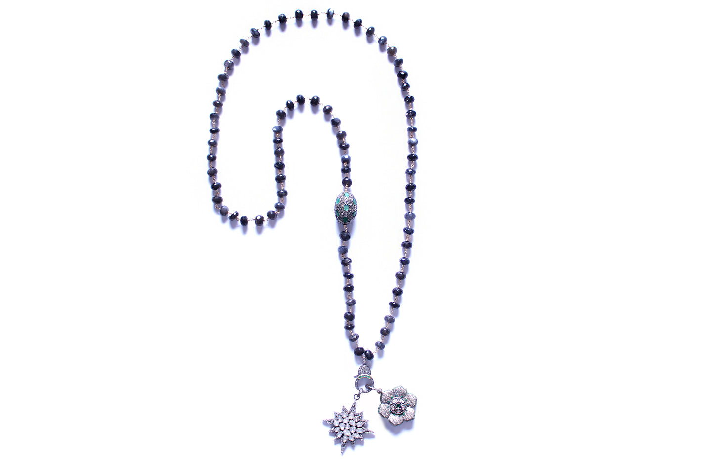 Tourmaline Emerald Gold Rosary Necklace Rose Cut Diamond Starburst & Emerald Diamond FlowerPendant