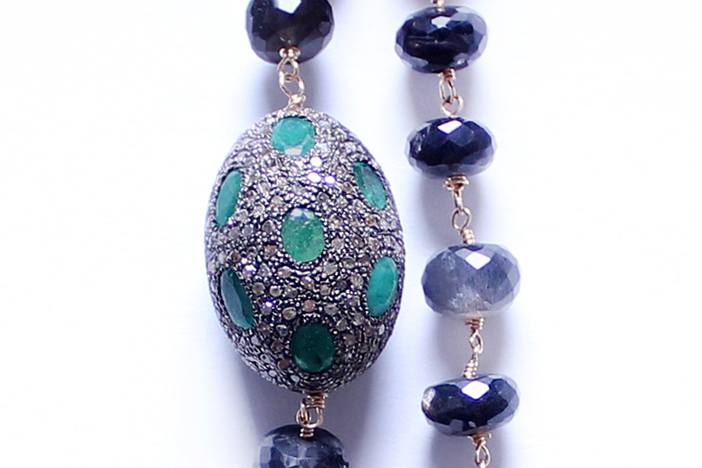 Tourmaline Emerald Gold Rosary Necklace Rose Cut Diamond Starburst & Emerald Diamond FlowerPendant