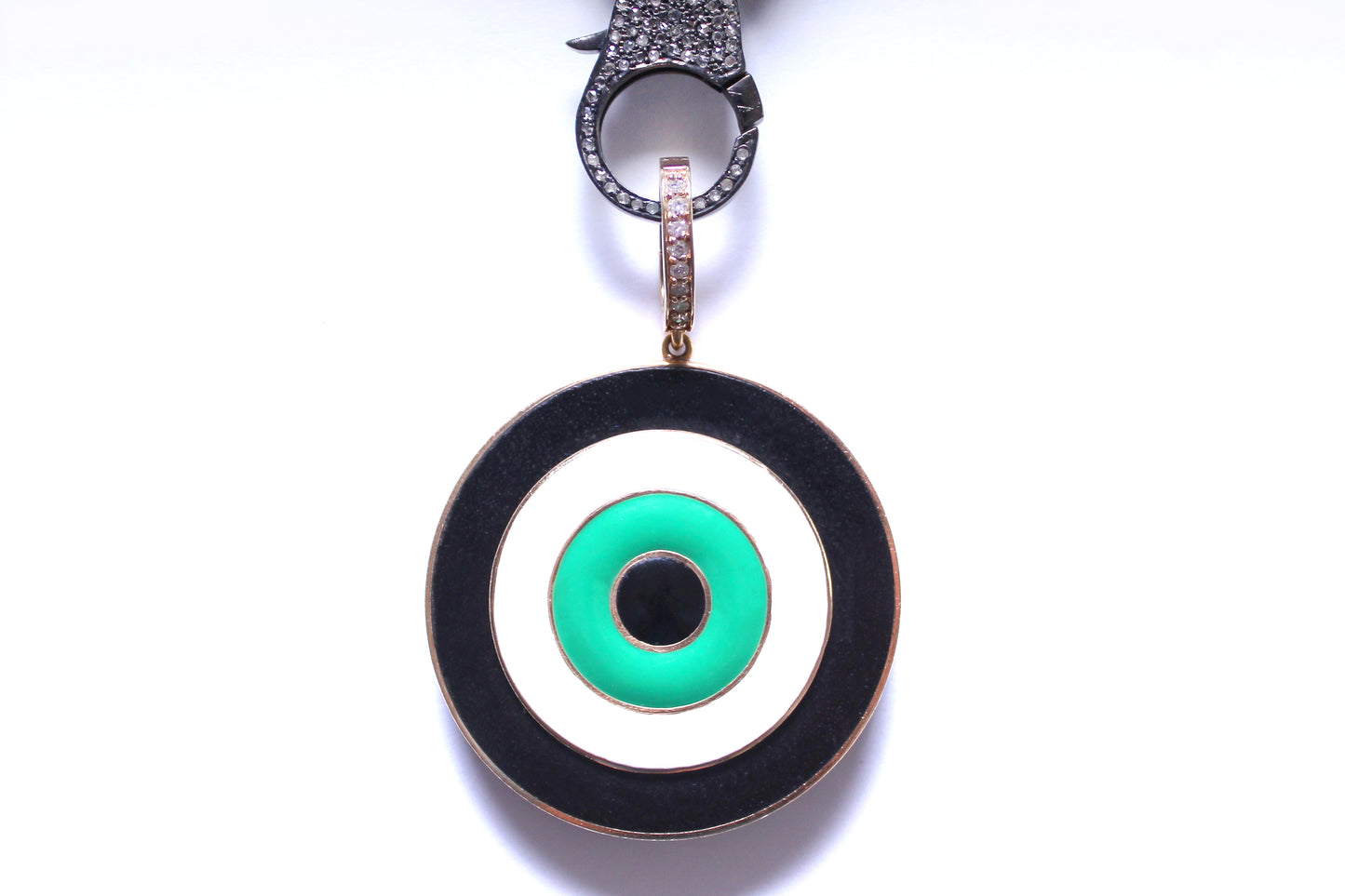 Tourmaline Emerald Gold Rosary & Ebony 14k Gold Enamel Green Turkish Evil Eye Pendant Necklace