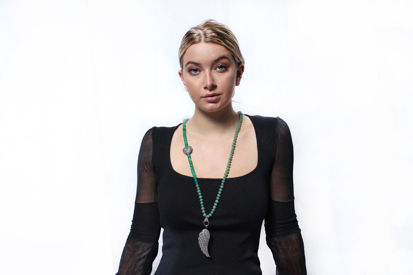 Green Agate, Jade, Diamond Heart Pendant Beaded Necklace