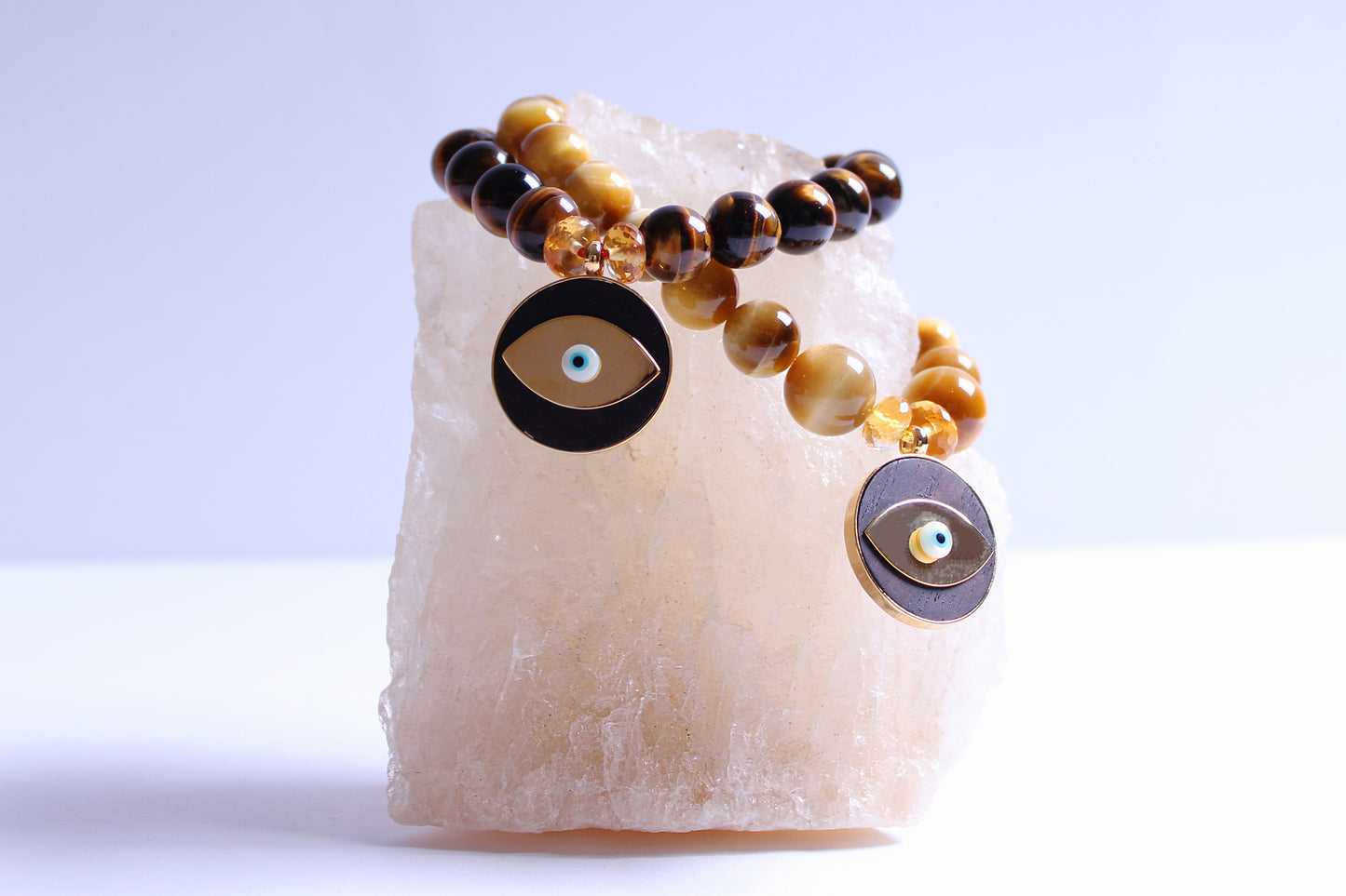Dark Tiger Eye Citrine Beaded Gold Ebony Evil Eye Bracelet