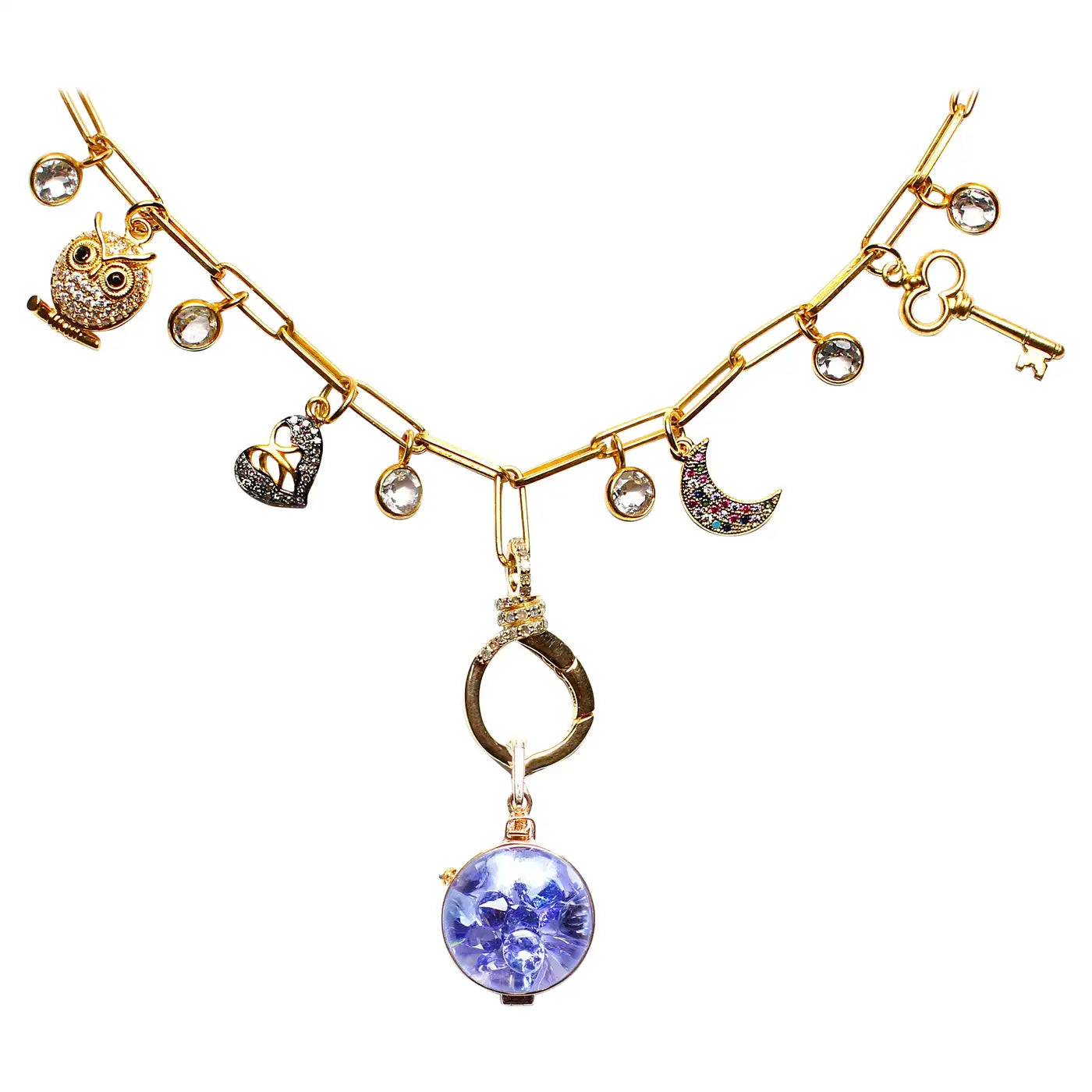 Signature Multi Charm Gold Paper Clip Charm Necklace & Tanzanite Shaker Pendant