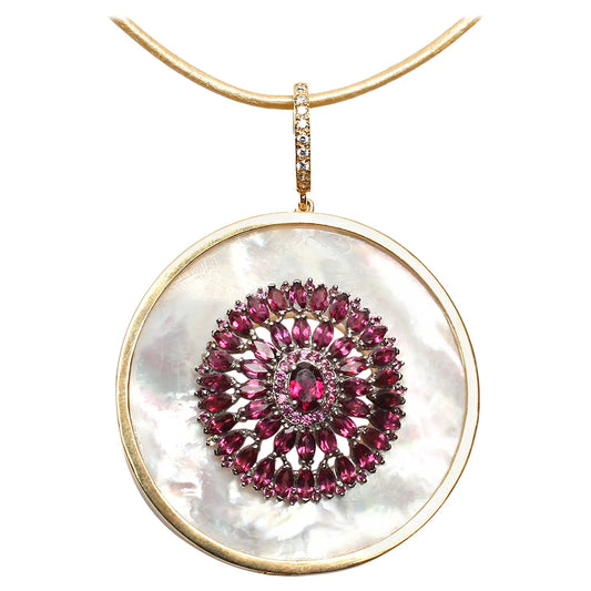 Signature Mother Of Pearl Ruby Garnet Diamond Gold Pendant