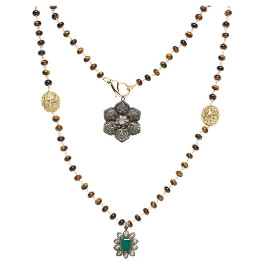 "Carmen" Wrap AroundTiger's Eye Emerald Diamond Flower & Emerald Polki Diamond Bottom Pendant Rosary Necklace