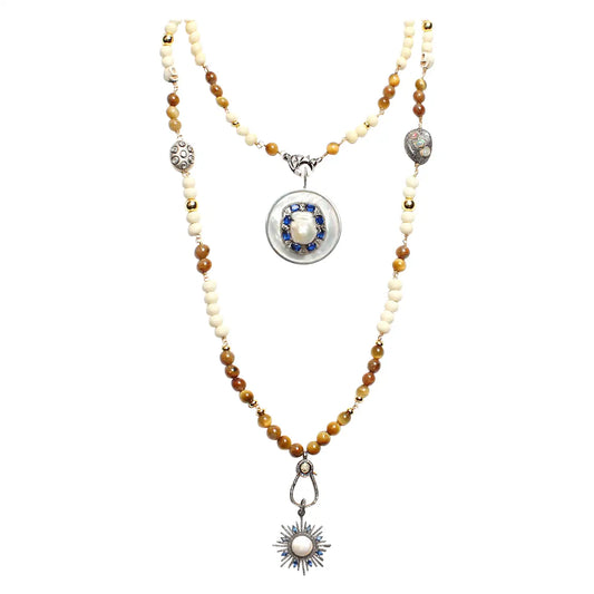 "Carmen" Bone Diamond Gold Wrap Around Rosary & Signature Mother Of Pearl Sapphire Pendant & Sapphire Pearl Bottom Pendant