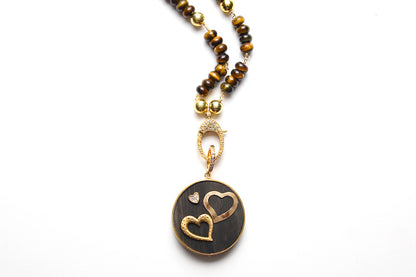 Tigers Eye Polki Diamond Gold Rosay Necklace & Signature two tone Diamond 3 Heart Ebony Pendant