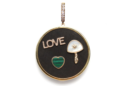 Signature "LOVE" 3 Charm Ebony 14k Gold Diamond Pendant & Alonso Red Gold Morse Necklace