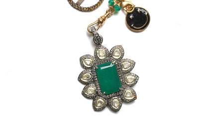 "Carmen" Black Agate Diamond Gold Opal Malachite Emerald Bottom Pendant & Ebony Compass Pendant Rosary Necklace