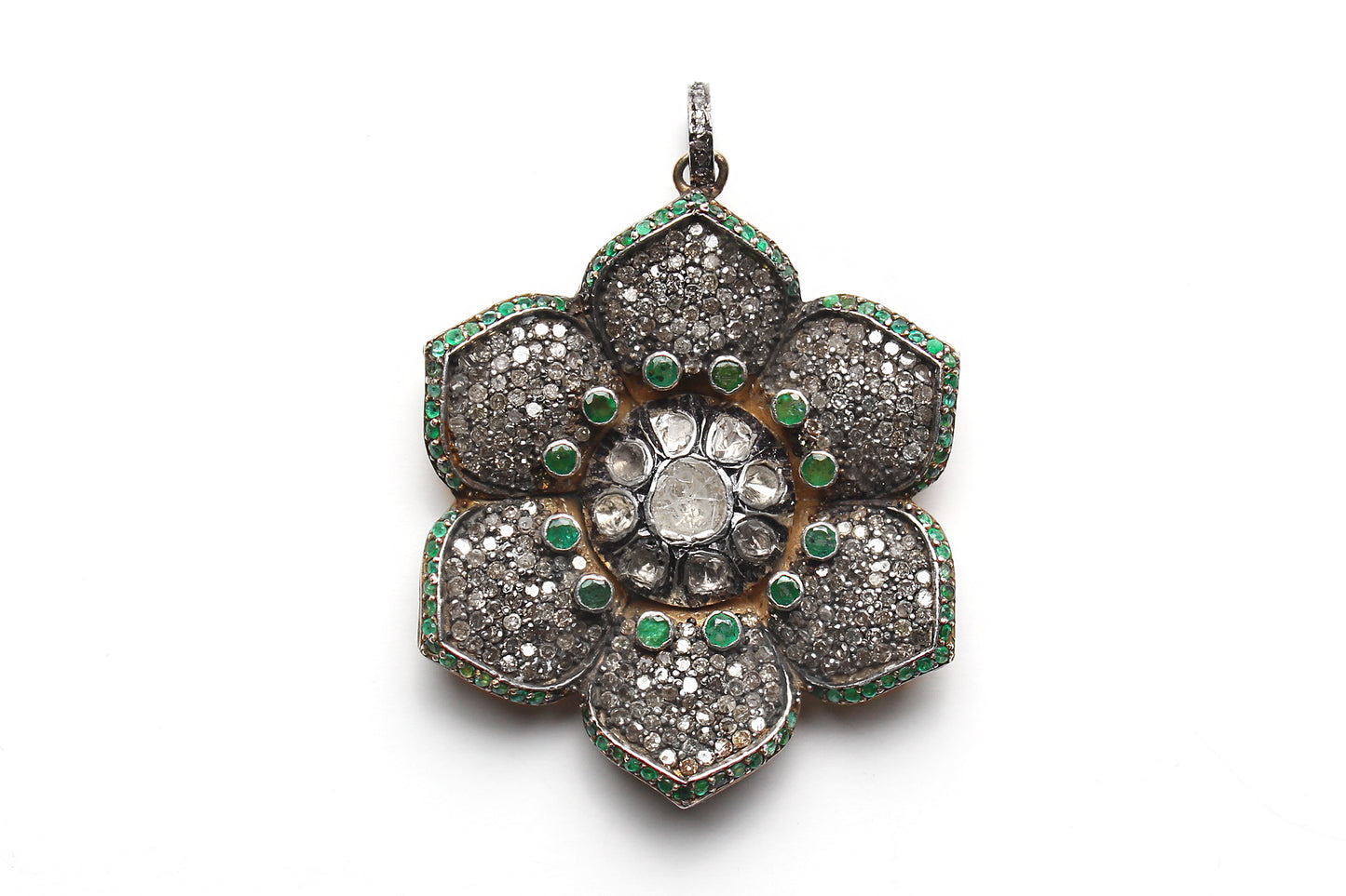 "Carmen" Wrap AroundTiger's Eye Emerald Diamond Flower & Emerald Polki Diamond Bottom Pendant Rosary Necklace