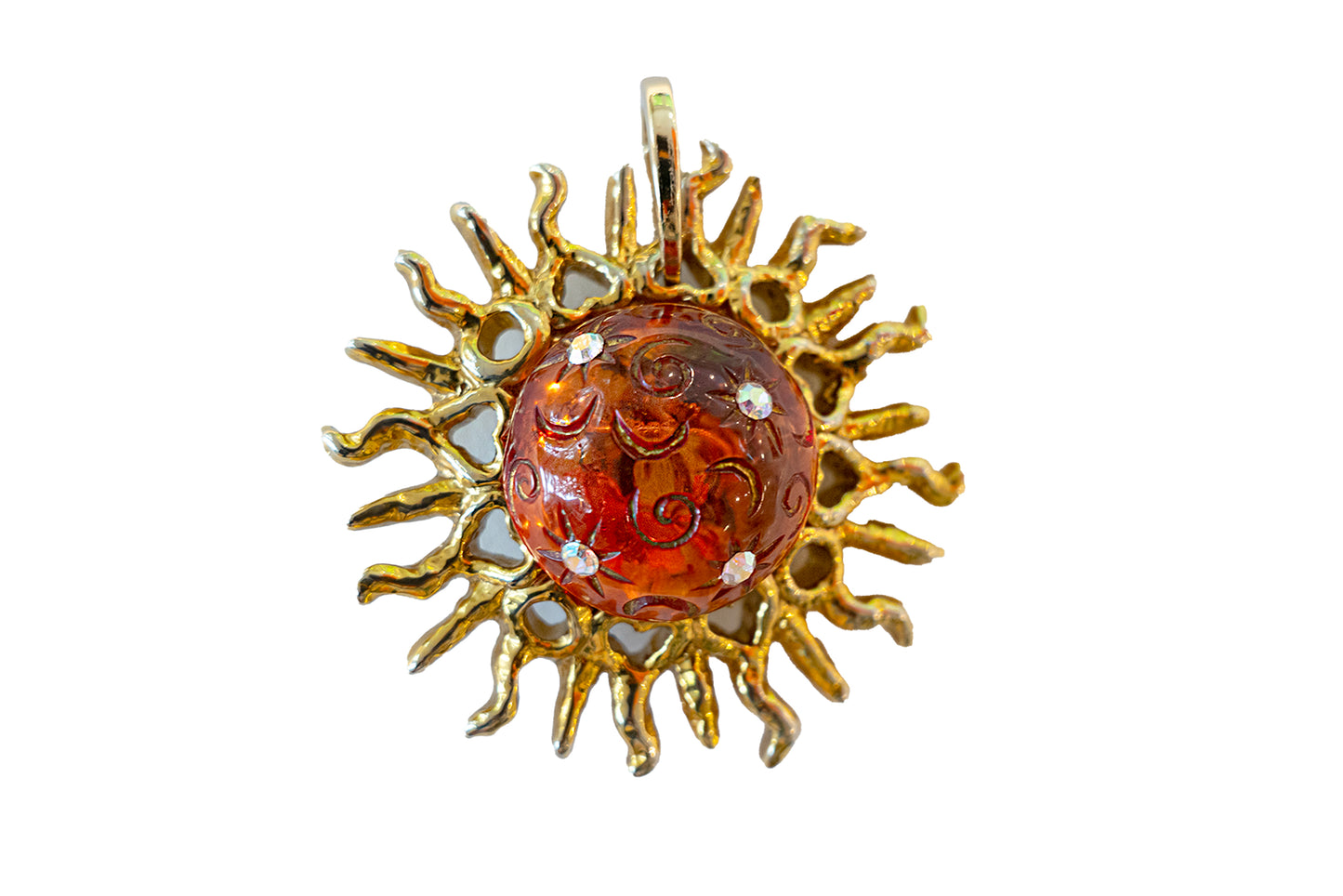 Tiger's Eye 14k Gold Amber Diamond Sun Pendant Beaded Necklace