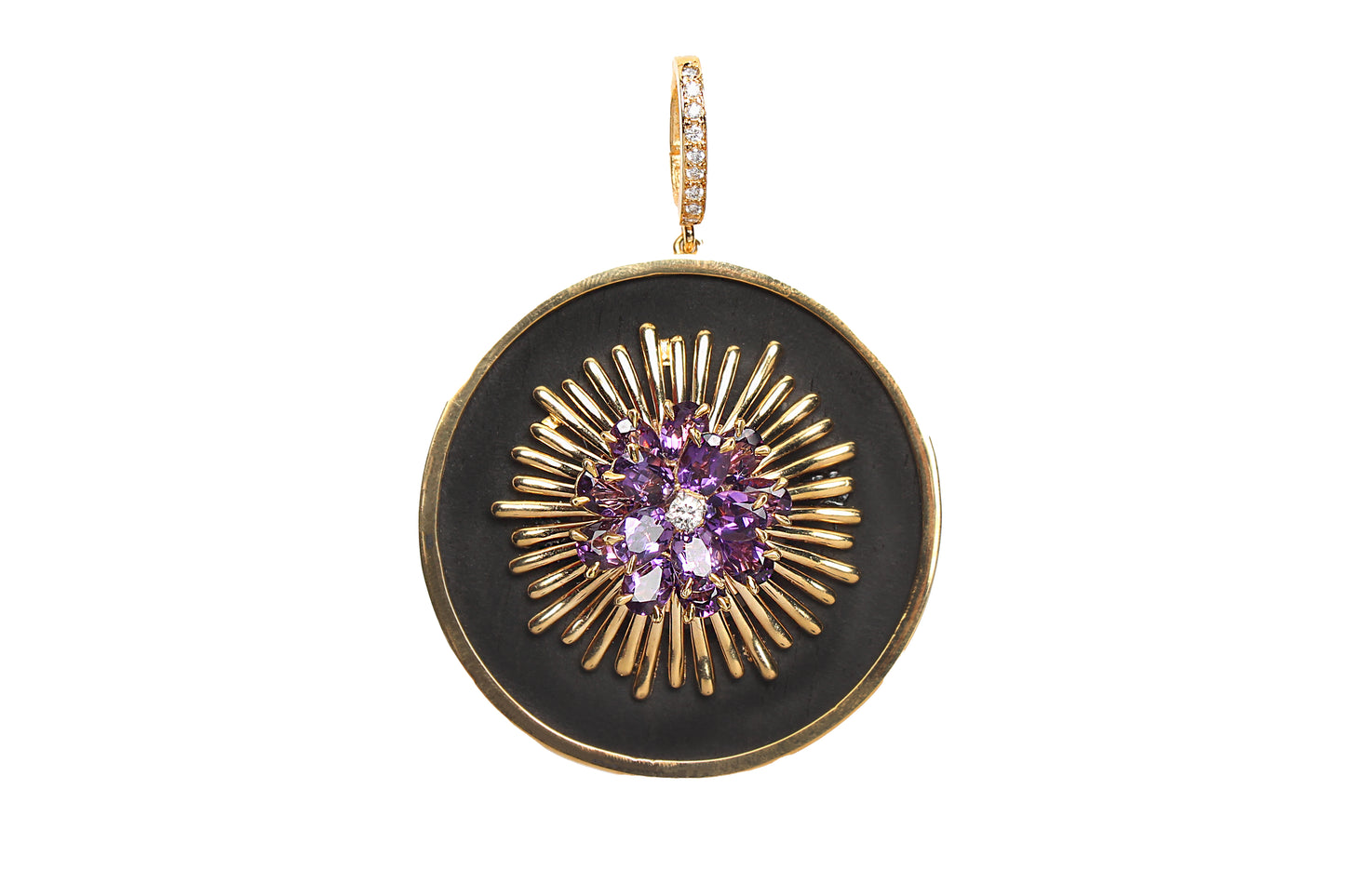 Signature Ebony 14k Gold Amethyst Diamond Sun Rays Pendant & "Alonso" Black Gold Necklace