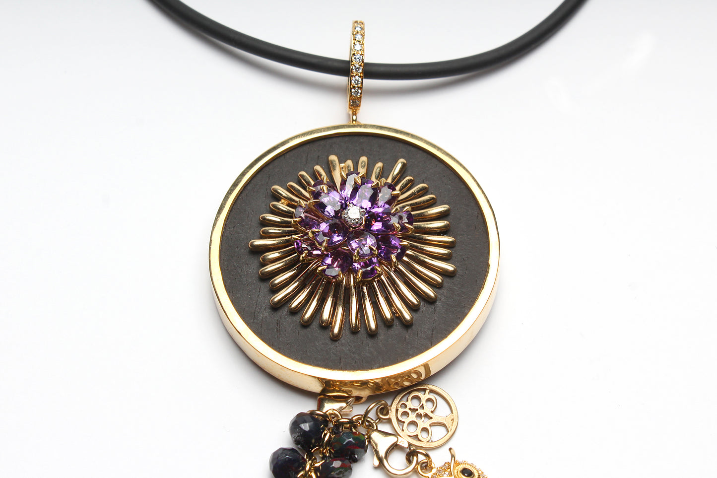 Signature Large Ebony 14k Gold Amethyst Diamond Sun Rays Pendant