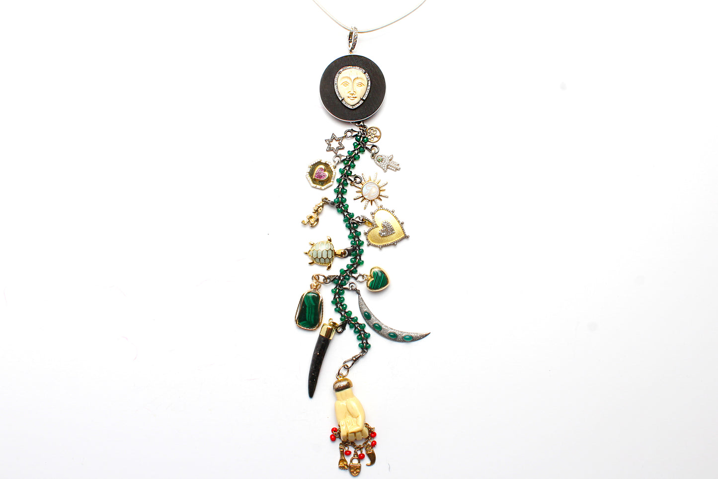Signature "Artemis II" Emerald Gold Diamond Malachite Symbol Tree Necklace