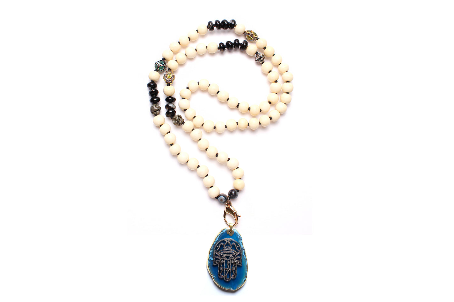 Bone Peridot Diamond Emerald Bead & Blue Agate Diamond Hamsa Hand Pendant & Necklace