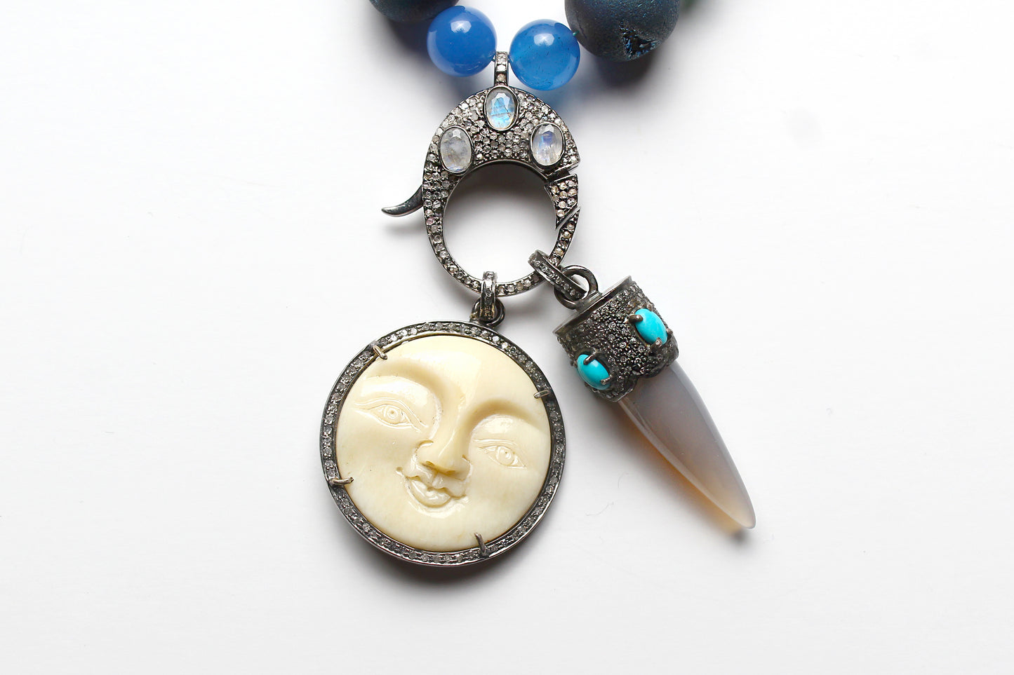 Blue Matrix Agate Lapis Aquamarine Chalcedony Opal Diamond Charm Necklace & Rainbow Moonstone Diamond Turquoise Horn & Diamond Bone Moonface Pendant