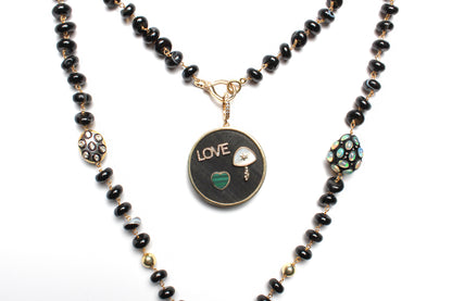 "Carmen" Black Agate Diamond Gold Opal Rosary 3 Charm Ebony LOVE & Diamond Angel Wing Pendant