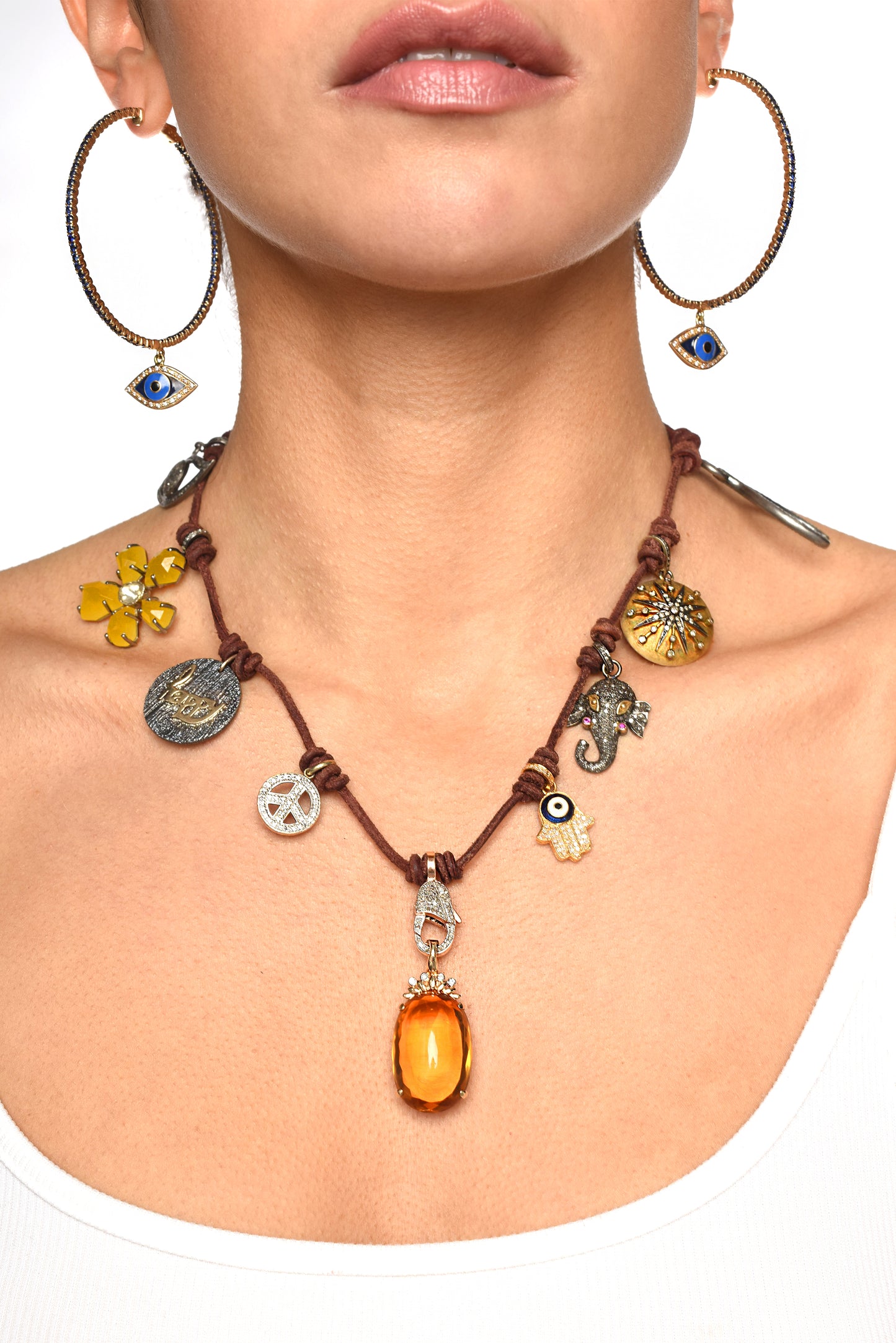 Signature Multi Charm Leather Necklace Citrine Pendant