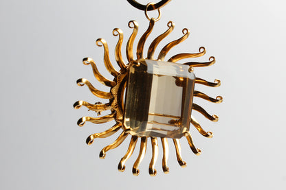 62" Tiger/s Eye Gold Diamond Rosary Wrap Around Necklace & 14k Gold Yellow Topaz Sun & Diamond Emerald Flower Pendants