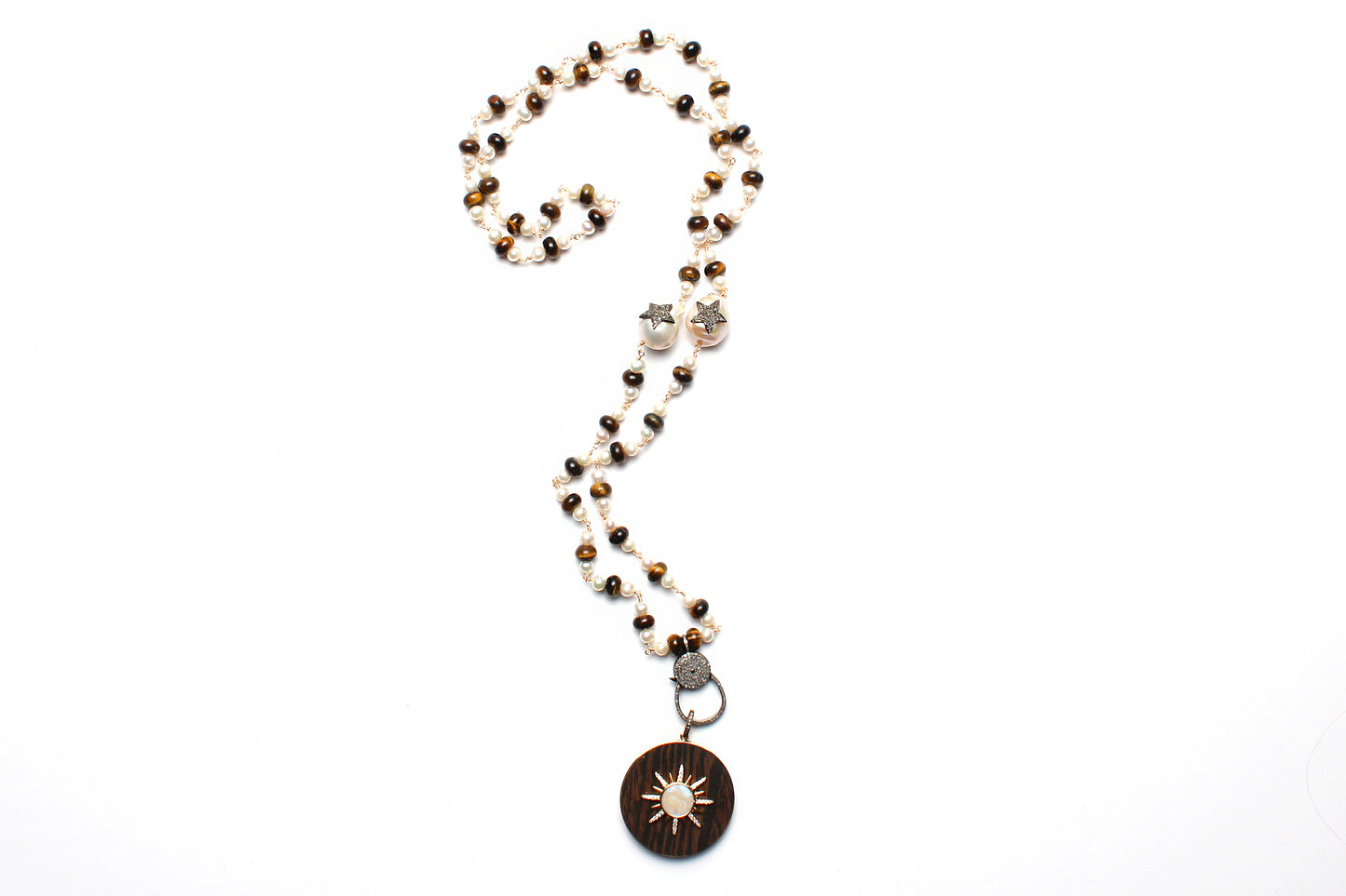 Signature 14k Gold Sapphire Diamond Mother of Pearl Ebony Evil Eye Pendant & Pearl Diamond Tiger's Eye Rosary