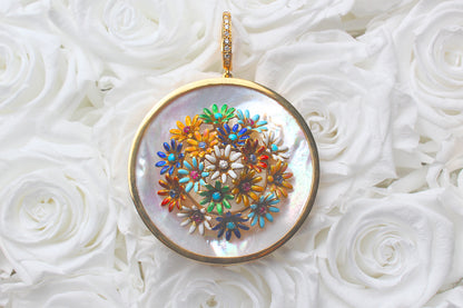 Signature Mother Of Pearl Gold Diamond Enamel Sapphire Floral Pendant