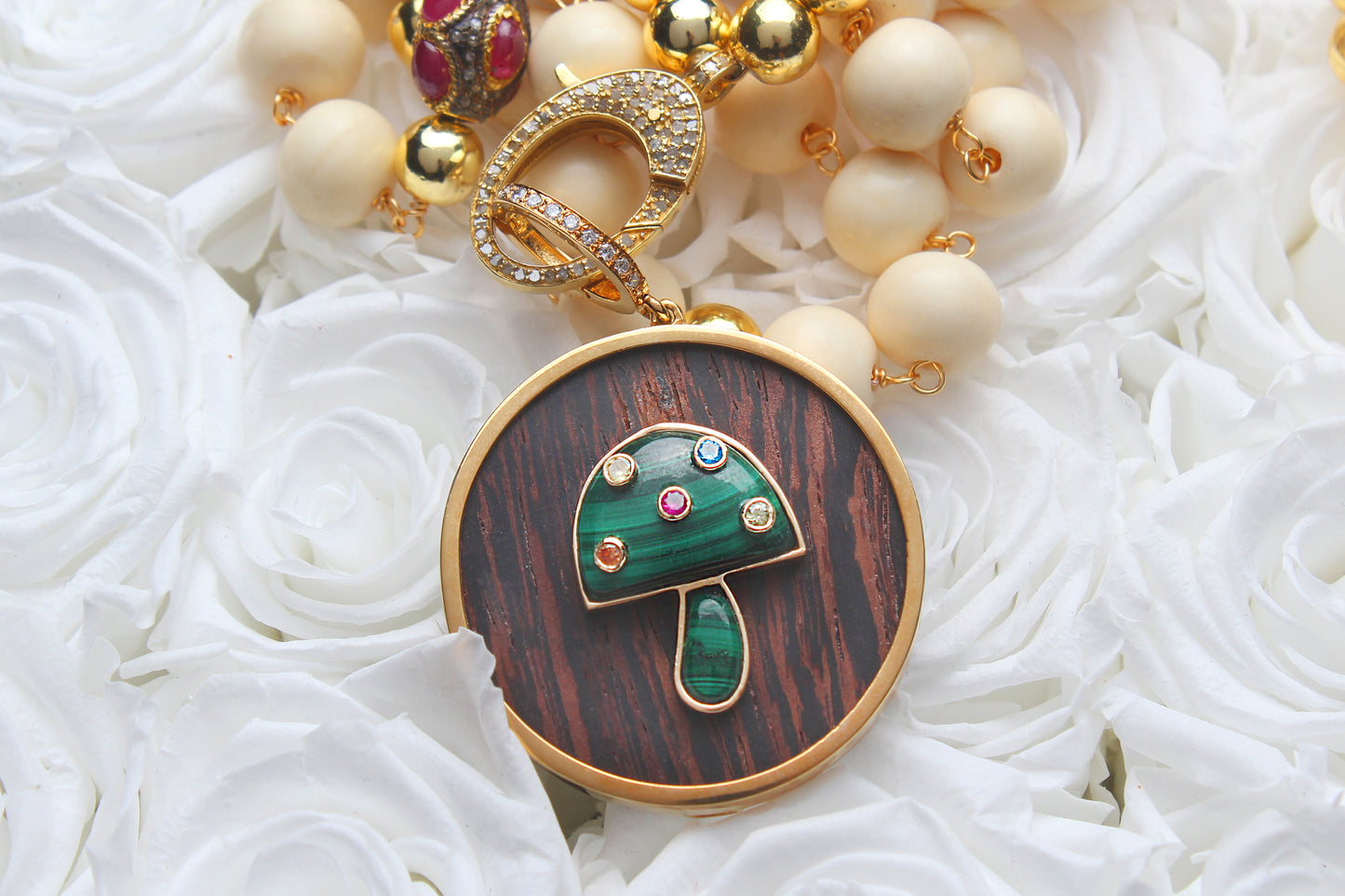 Tiger's Eye Gold Emerald Ruby Rosary Neckalce & Ebony Malachite Gold Mushroom Pendant