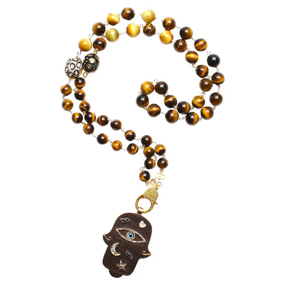 Tiger's Eye 14k Gold Diamond Rosary & Ebony Multi Charm Diamond Hamsa Hand Pendant