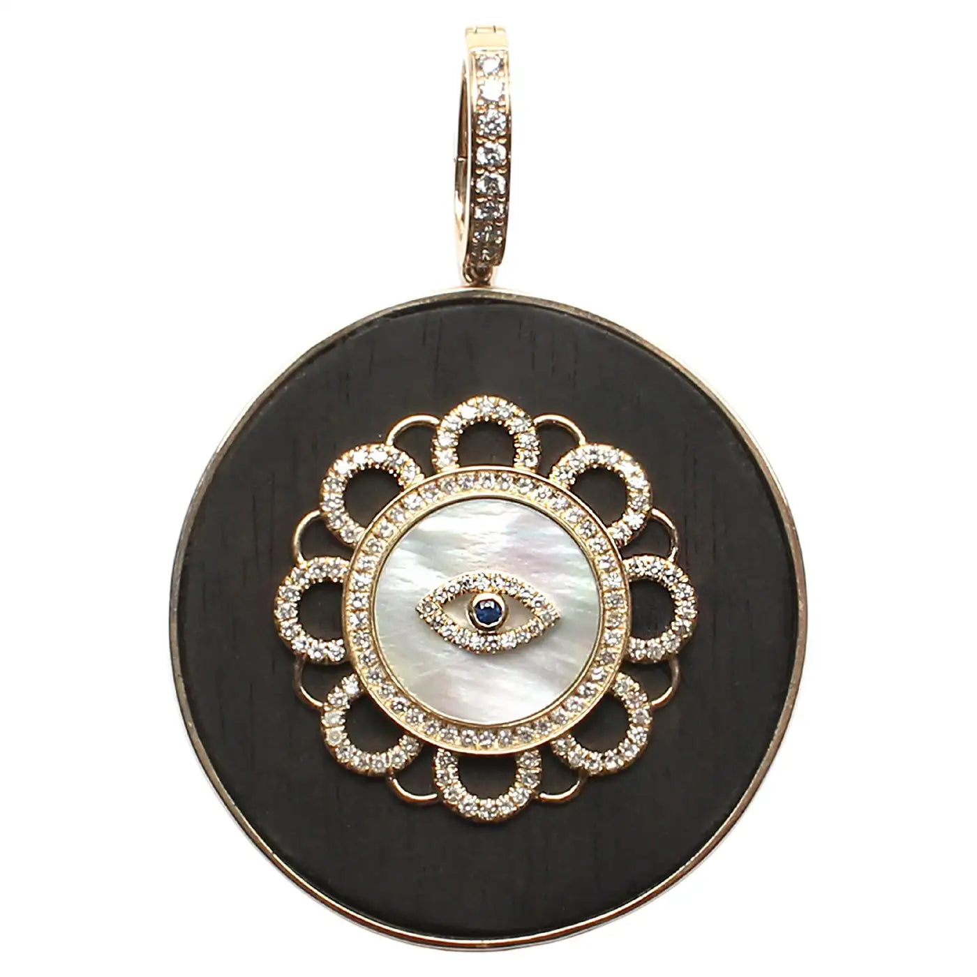 Signature Ebony 14k Gold Diamond Mother of Pearl Sapphire Evil Eye Pendant