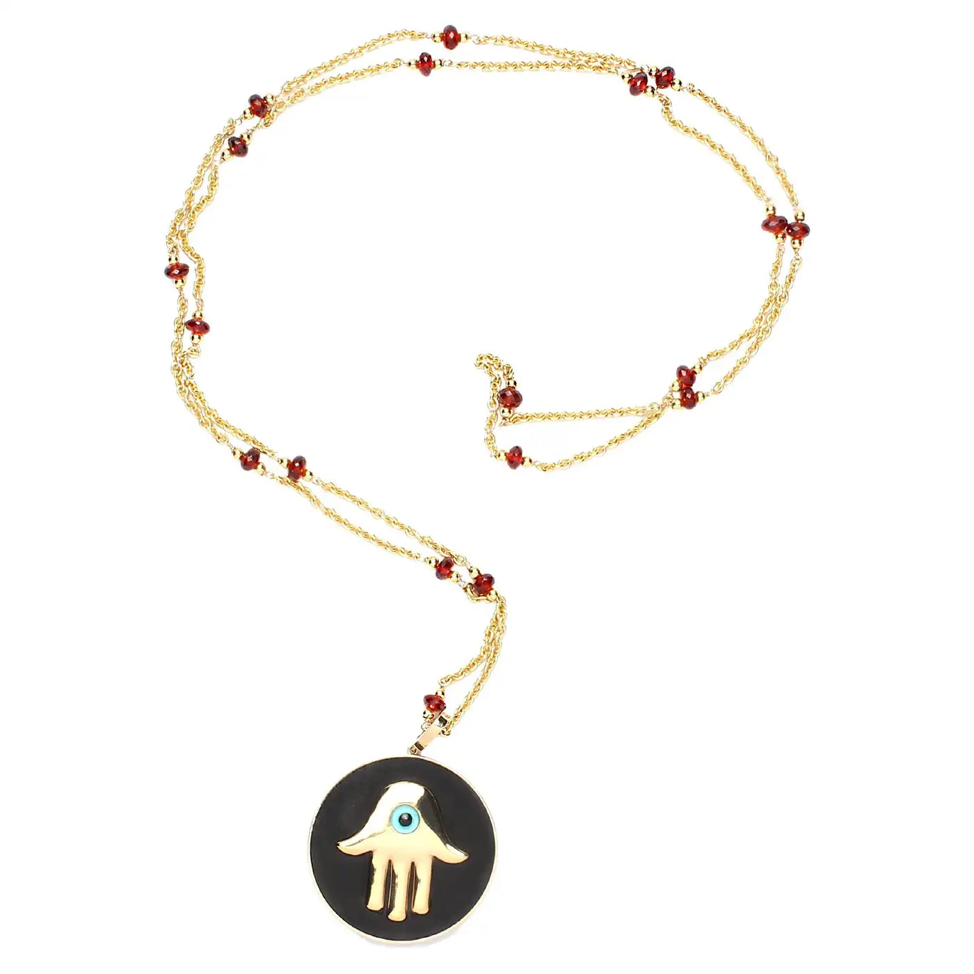 Signature Garnet 14k gold "Caracas" Necklace & Ebony Hamsa Pendant